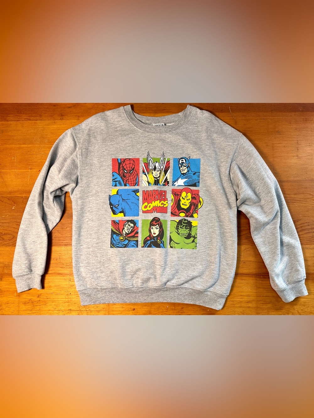 Marvel Kids Heather Gray Sweatshirt with Color Block Superhero Grid